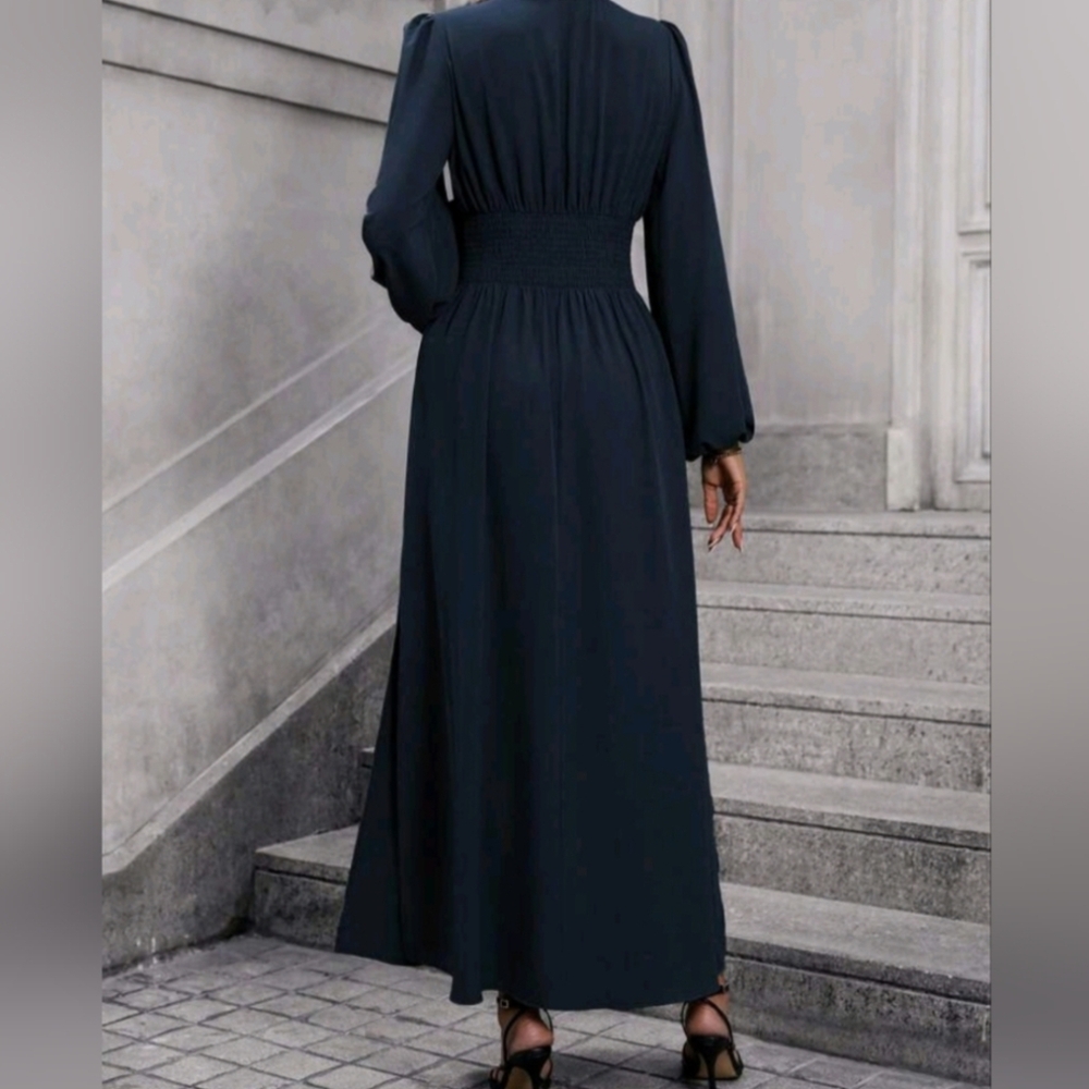 NEW Chic Ruched Waist Lantern Sleeve Maxi Dress Navy Blue - Picture 3 of 3